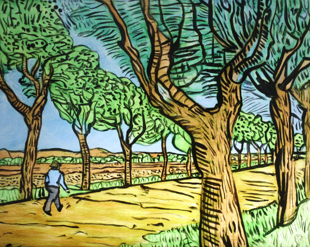 Hand-painted glass artwork panel "Road to Tarascon" after Vincent van Gogh