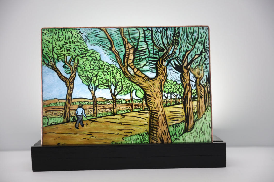 Hand-painted glass artwork panel "Road to Tarascon" after Vincent van Gogh