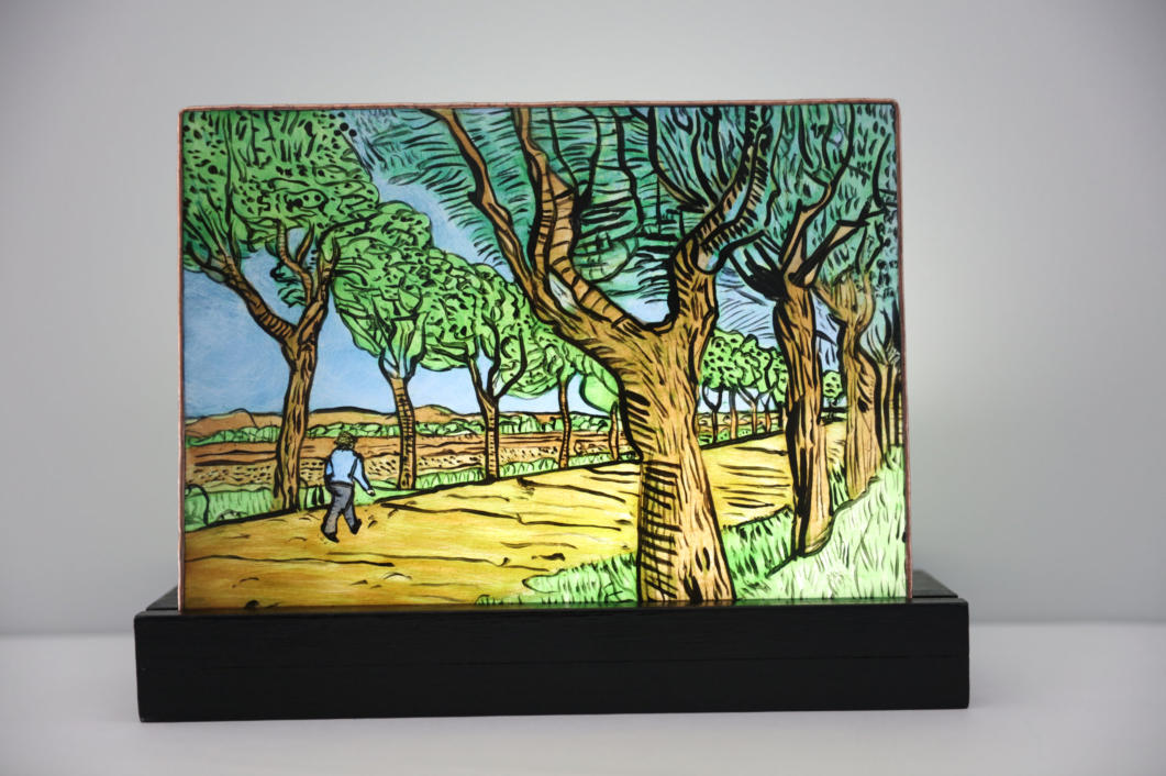 Hand-painted glass artwork panel "Road to Tarascon" after Vincent van Gogh