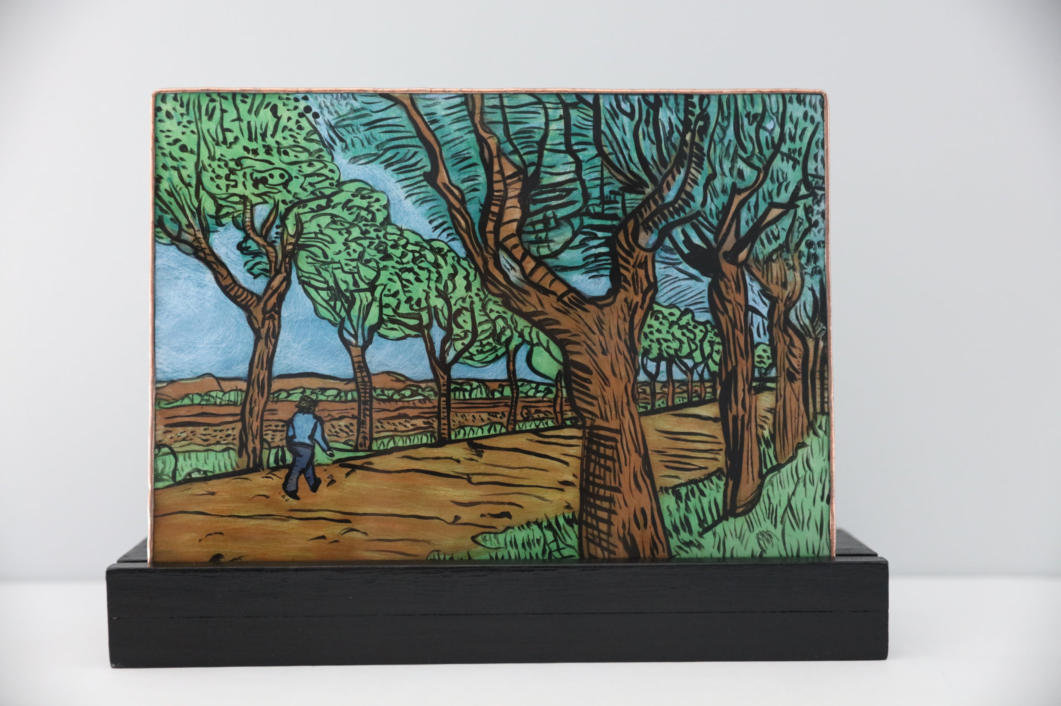 Hand-painted glass artwork panel "Road to Tarascon" after Vincent van Gogh