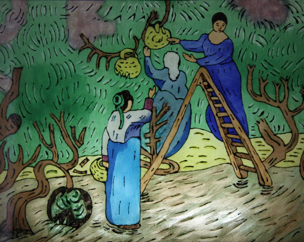 women picking olives, van Gogh, glass, artwork, painted, decorative, lamp